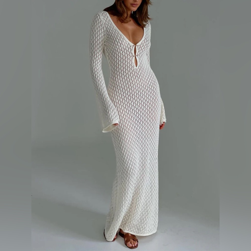 Commense Cover Up Long Sleeve Open Back Long Dress